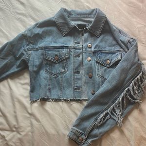 Cropped denim fringe jacket